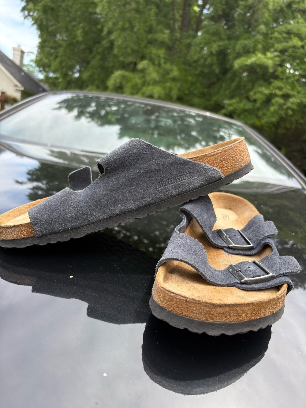 Birkenstock Arizona Suede Double Strap Sandals in Charcoal Gray
